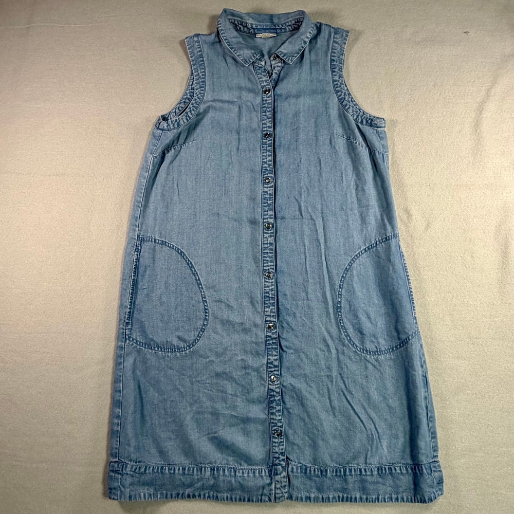 J. Jill Denim Tencel Sleeveless Shirt Dress M Blue Button Front Pockets Coastal